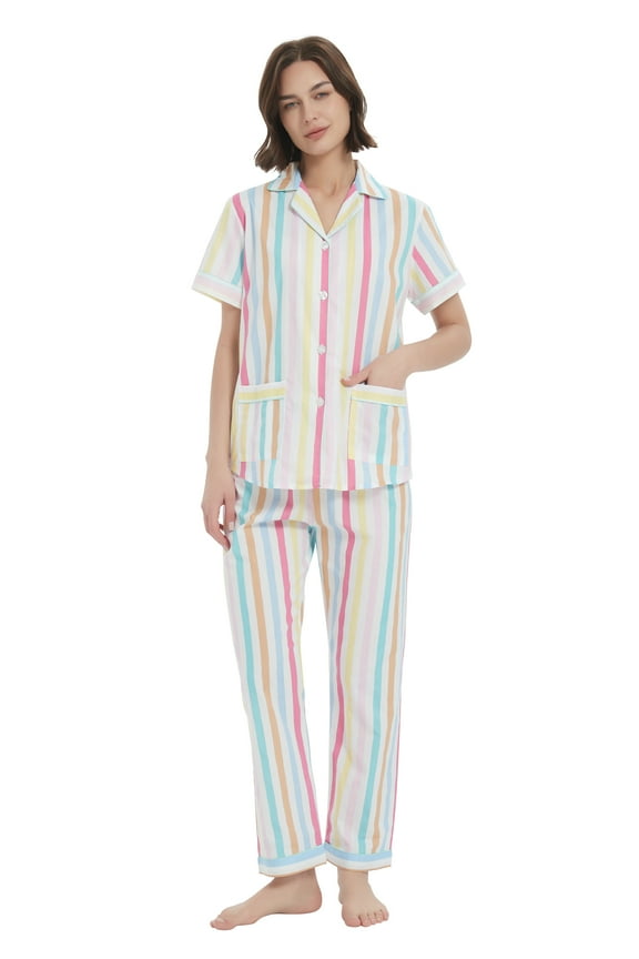 101% Cotton Pajamas for Women Long-Sleeve Pjs Cozy Button Down Boyfriend Sleepwear XXL