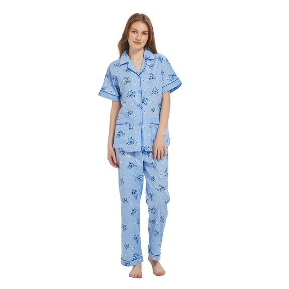 Kolipajam 100% Cotton Pajamas For Women Short-Sleeve Long Pants PJS Button Down Sleepwear