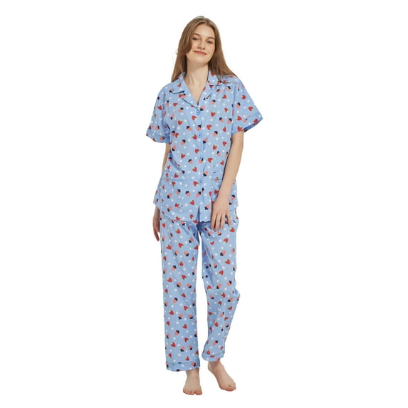 Kolipajam 100% Cotton Pajamas For Women Short-Sleeve Long Pants PJS Button Down Sleepwear