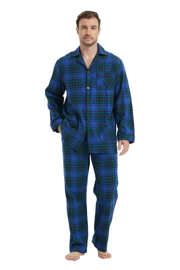 Men's 100% Cotton Flannel Pajama Set Yarn Dyed Cozy Bottom with Pockets Pjs for Men L