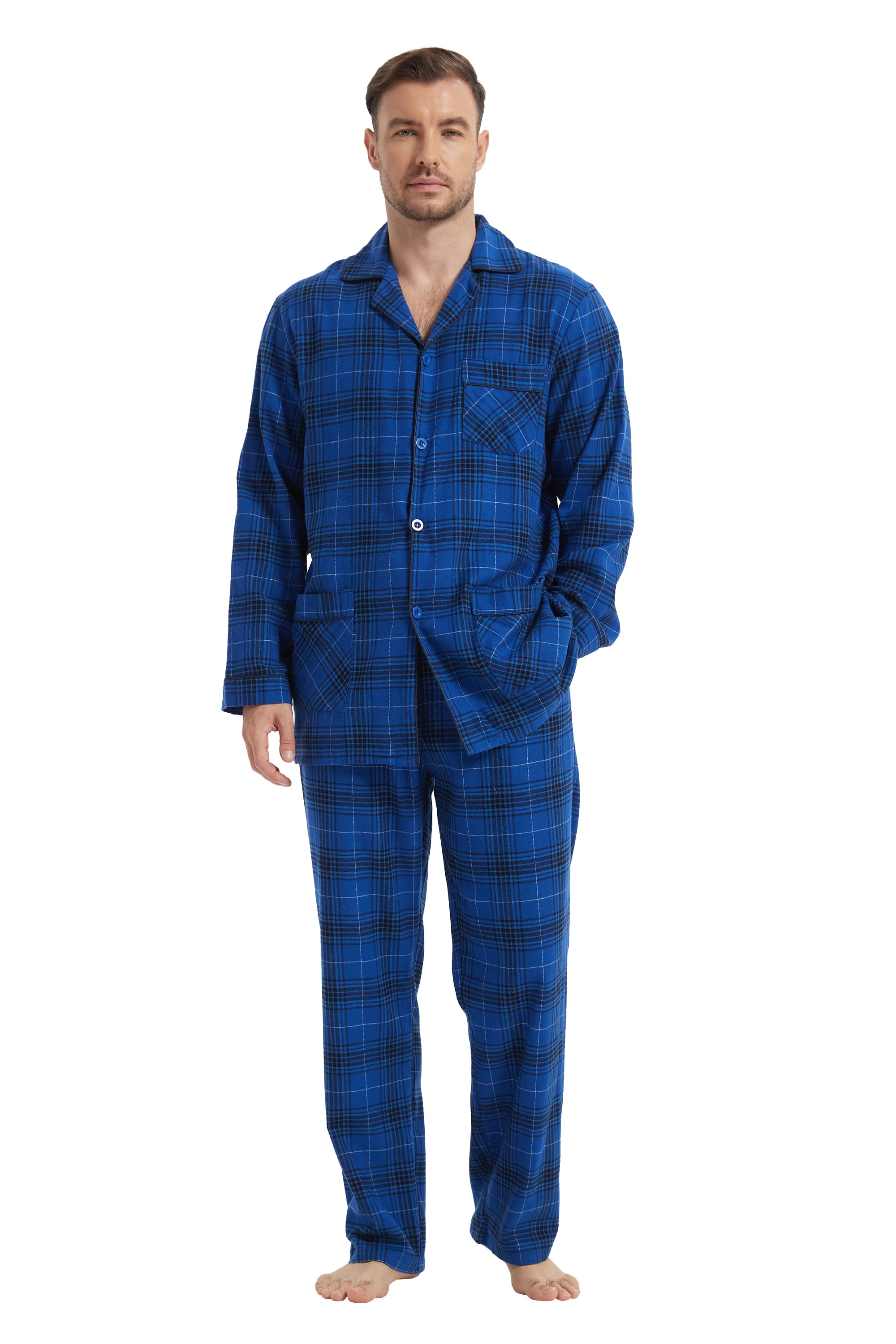 kolipajam Pyjamaset voor heren van 100% katoenen flanel, geverfd garen, comfortabel, broek met zakken, tailleband met trekkoord, winterpyjama voor heren, XL