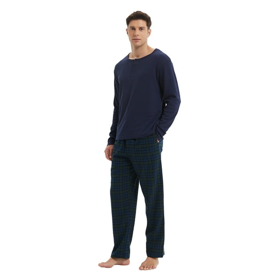 Kolipajam Men's 2Pcs Pajama Set Drawstring Waist Flannel Bottoms with Pockets Loungewear for Men M