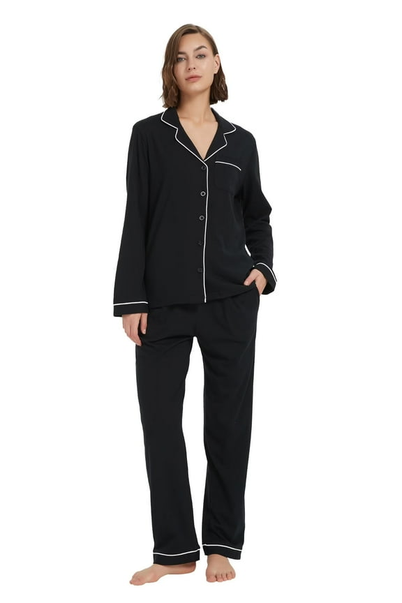 Women 100% Cotton Pajama Sets Long Sleeve Pjs Button Down Stretchy Knit Nightwear L