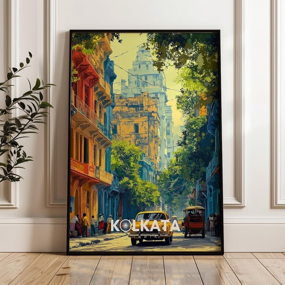 Kolkata India Travel Print, Vintage City Street Art, Yellow Taxi, Stretched Canvas 8x10in