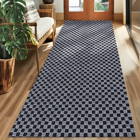 Koloko Outdoor Runner Rug Indoor Non-Slip Area Rugs Custom Size Carpet Runners with Rubber Backing Mat for Hallway Kitchen Entryway Garage Laundry Check Gray, 6ft x 23ft