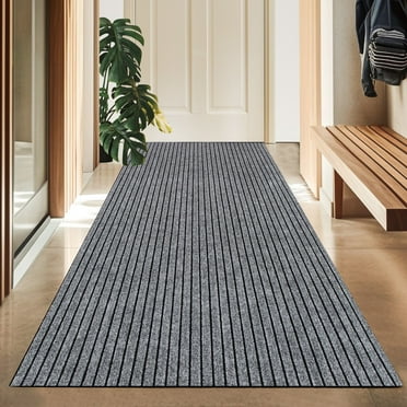 Koloko Outdoor Runner Rug Indoor Non-Slip Area Rugs Custom Size Carpet Runners with Rubber Backing Mat for Hallway Kitchen Entryway Garage Laundry Striped Grey, 2ft x 6ft