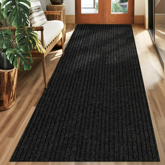 Koloko Runner Rugs Outdoor Indoor Non-Slip Area Rug Long Carpet Runners with Rubber Backing Mat Custom Size for Hallway Kitchen Entryway Garage, Black Striped, 2' x 8'
