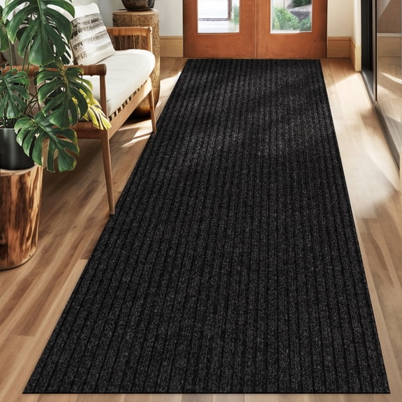 Koloko Runner Rugs Outdoor Indoor Non-Slip Area Rug Long Carpet Runners with Rubber Backing Mat Custom Size for Hallway Kitchen Entryway Garage, Black Striped, 2' x 16'