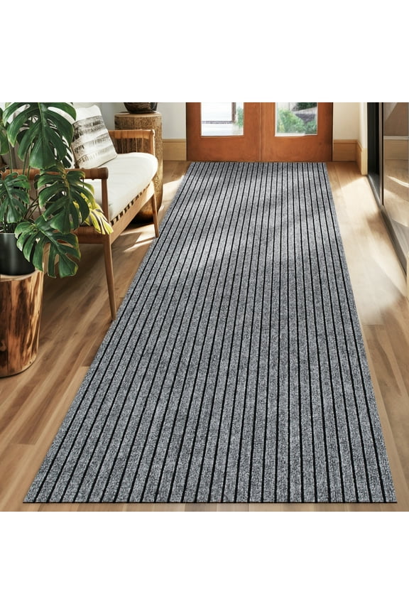 Koloko Runner Rugs Outdoor Indoor Non-Slip Area Rug Long Carpet Runners with Rubber Backing Mat Custom Size for Hallway Kitchen Entryway Garage, Grey Striped, 2' x 6'