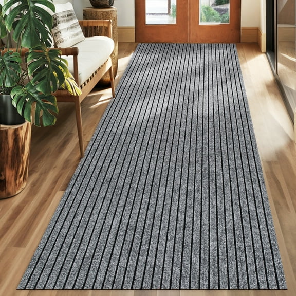 Koloko Runner Rugs Outdoor Indoor Non-Slip Area Rug Long Carpet Runners with Rubber Backing Mat Custom Size for Hallway Kitchen Entryway Garage, Grey Striped, 3' x 10'