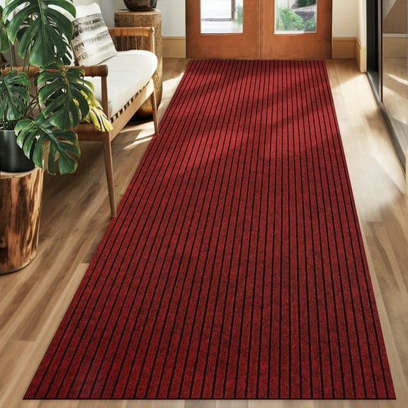 Koloko Runner Rugs Outdoor Indoor Non-Slip Area Rug Long Carpet Runners with Rubber Backing Mat Custom Size for Hallway Kitchen Entryway Garage, Red Striped, 3' x 6'