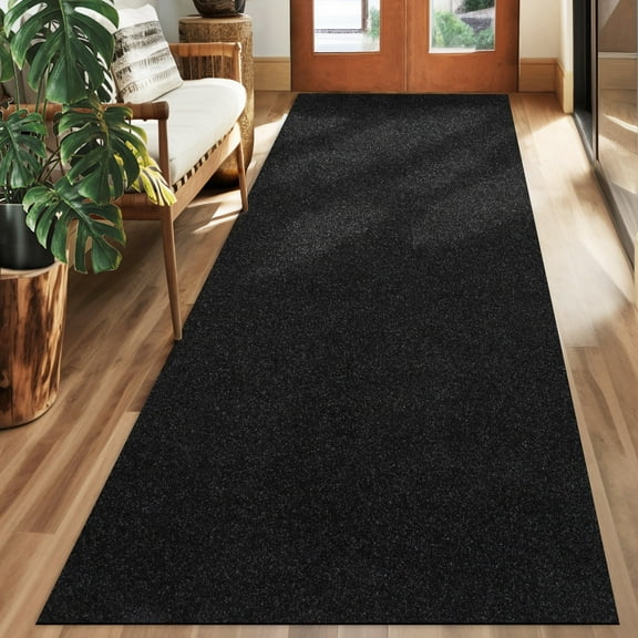 Koloko Runner Rugs Outdoor Indoor Non-Slip Area Rug Long Carpet Runners with Rubber Backing Mat Custom Size for Hallway Kitchen Entryway Garage, Solid Black, 2' x 8'