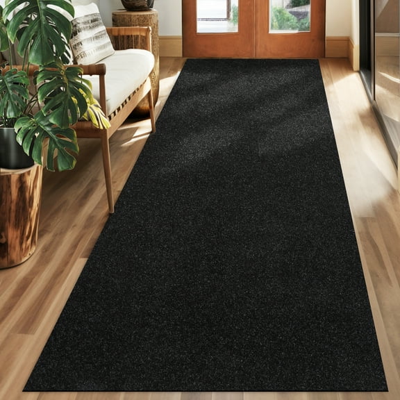 Koloko Runner Rugs Outdoor Indoor Non-Slip Area Rug Long Carpet Runners with Rubber Backing Mat Custom Size for Hallway Kitchen Entryway Garage, Solid Black, 2' x 13'