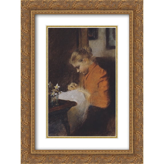 Koloman Moser 2x Matted 20x24 Gold Ornate Framed Art Print 'Leopoldine Steindl-Moser, eine Schwester des Kunstlers, nahend'