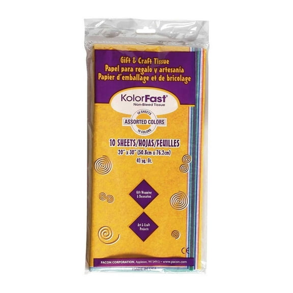 Kolorfast Non-Bleeding Art Tissue Paper, 20 x 30 Inches, Assorted Colors, Pack of 10