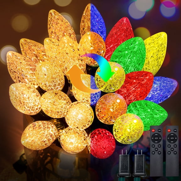 2 Pack C9 LED Christmas String Lights, 84ft with Remote & Timer, Waterproof Strawberry Bulbs for Outdoor Tree and Roof Decor (Warm White/Multicolor)