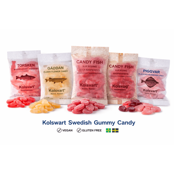 Kolsvart Swedish Fish Candy Variety Pack  Vegan & Gluten Free Gummy Candy  Assorted Flavors (5 Pack, 4.2 oz Each)