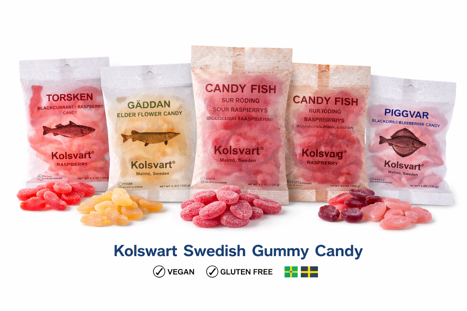 Paquete variado de dulces suecos Kolsvart, gomitas veganas y sin gluten, sabores surtidos (paquete de 5, 4.2 oz c/u)