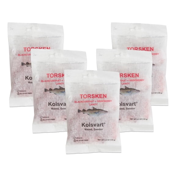 Kolsvart Torsken Blackcurrant & Raspberry Swedish Candy Fish, 4.2oz (Pack of 5)