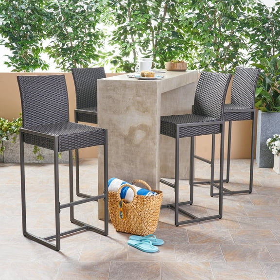 Kolton Outdoor 30 Inch Wicker Barstool, Set of 4, Dark Brown