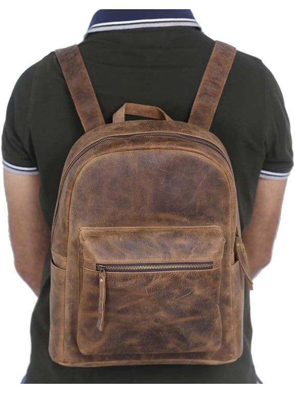KomalC 15-Inch Leather Laptop Backpack for Men and Women, Rucksack Shoulder Bag for Travel and Hiking