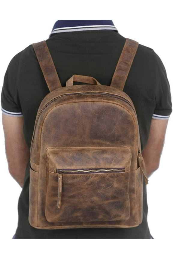 KomalC 15-Inch Leather Laptop Backpack for Men and Women, Rucksack Shoulder Bag for Travel and Hiking