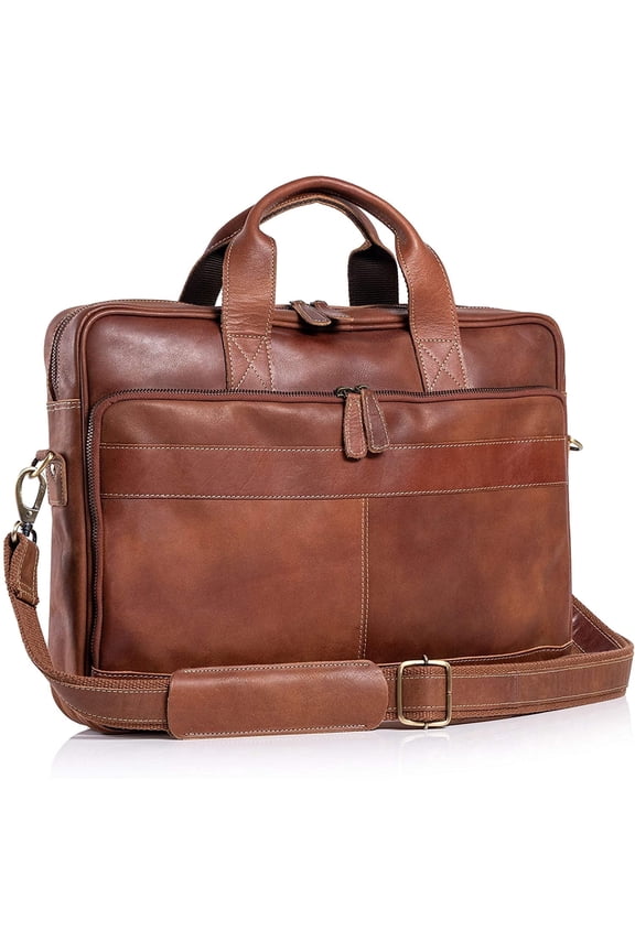 18-Inch Buffalo Leather Laptop Messenger Bag – Trolley-Compatible Briefcase for Men and Women with YKK Zippers and Multiple Compartments
