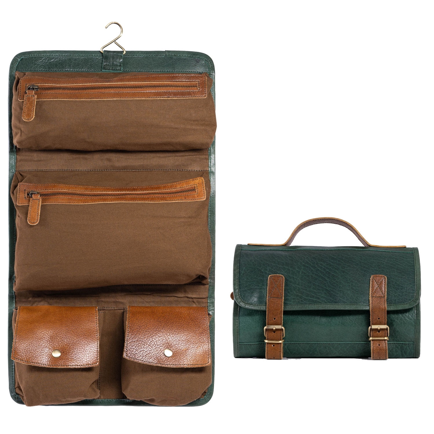 KomalC Genuine Buffalo Leather Hanging Toiletry Bag Travel Dopp Kit Green