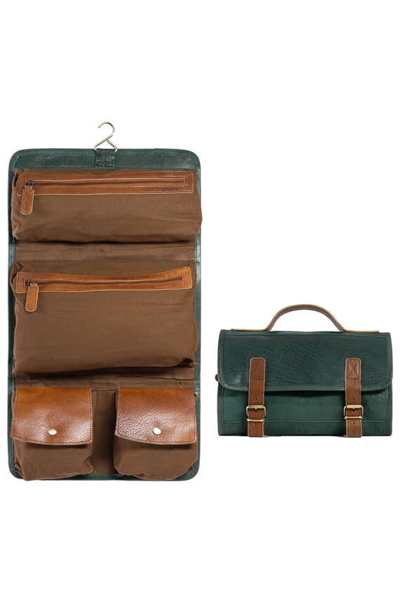 KomalC Genuine Buffalo Leather Hanging Toiletry Bag Travel Dopp Kit Green