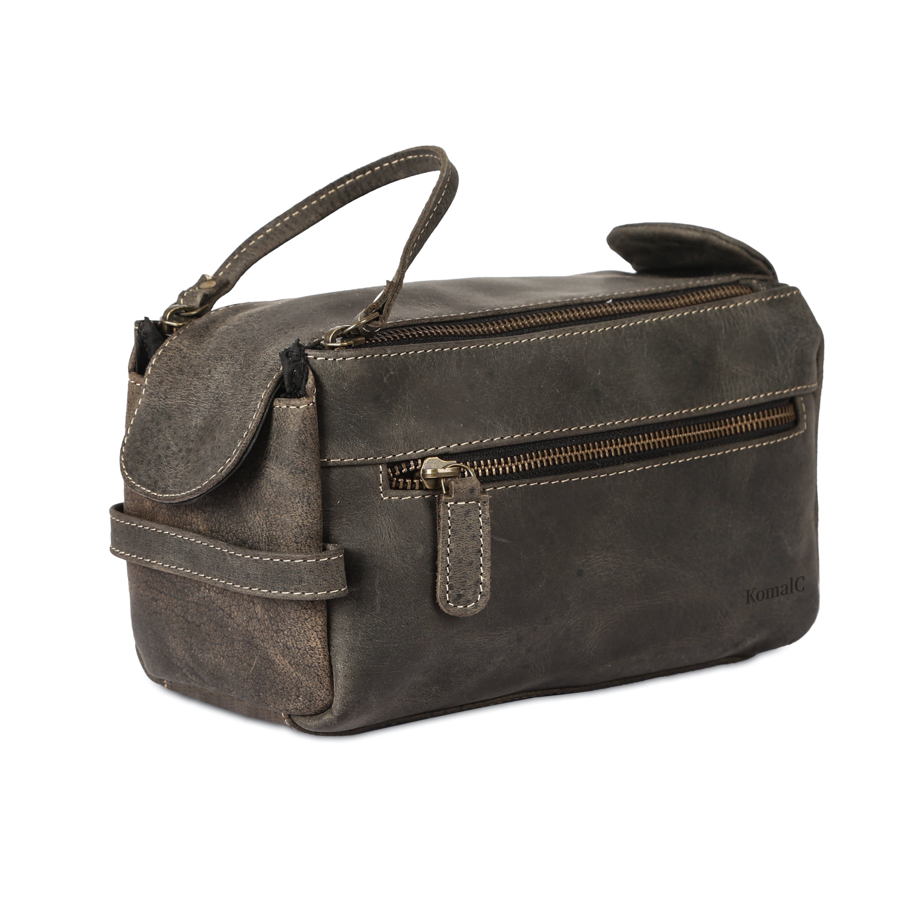 Genuine Buffalo Leather Travel Toiletry Bag for Men & Women – Unisex Dopp Kit in Charcoal Black