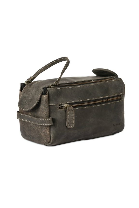 Genuine Buffalo Leather Travel Toiletry Bag for Men & Women – Unisex Dopp Kit in Charcoal Black