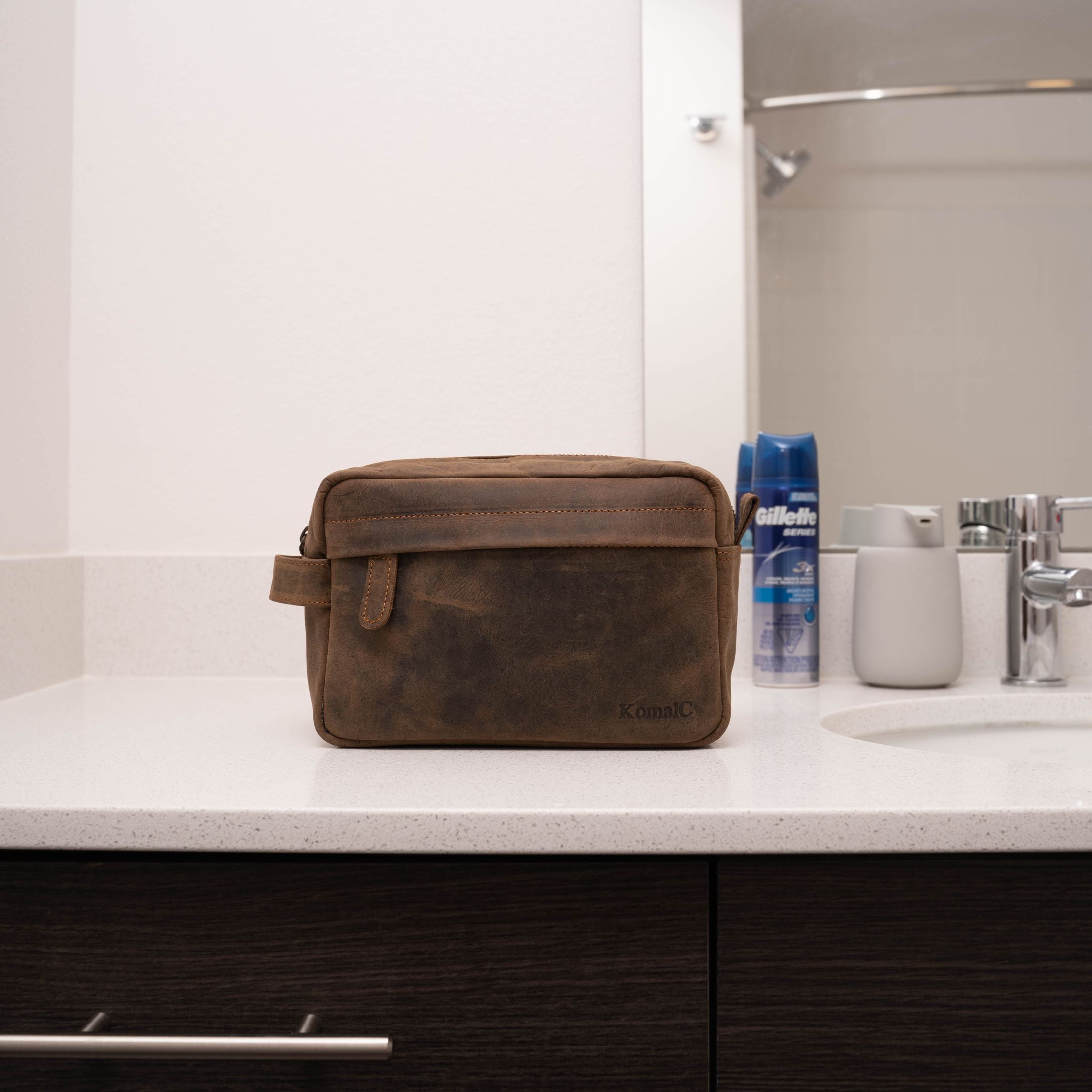 Genuine Buffalo Leather Toiletry Bag for Men & Women – Travel Dopp Kit, Vanity & Grooming Organizer