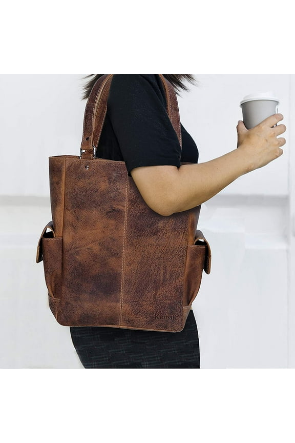 KomalC Genuine Soft Chicago Buff Leather Tote Bag Elegant Shopper Shoulder Bag