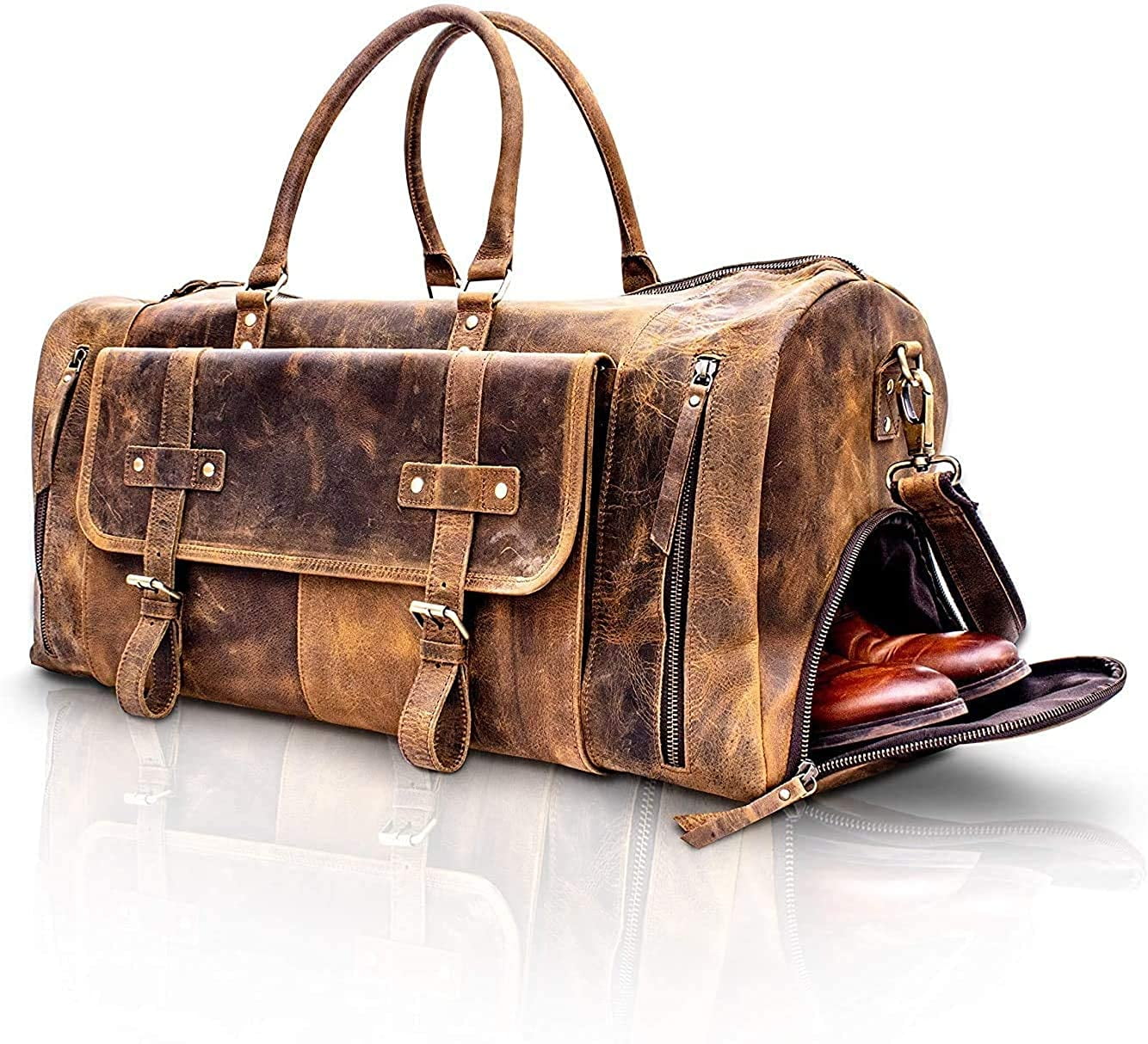 KomalC Leather Travel Duffel Bags for Men and Women Full Grain Leather Overnight Weekend Leather Bags Sports Gym Duffle Hunter