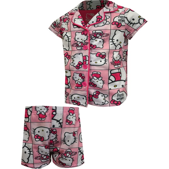 Komar Kids Girls Hello Kitty Pink Blocks Notch Collar Girls Shortie Pajamas (6)