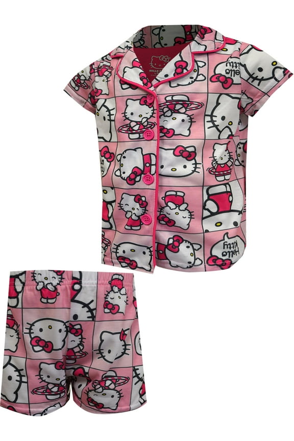 Komar Kids Girls Hello Kitty Pink Blocks Notch Collar Girls Shortie Pajamas (6)