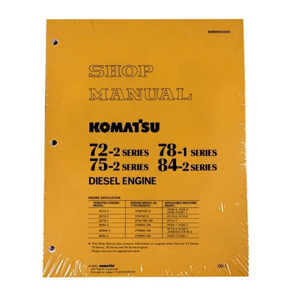 Komatsu 72-2, 75-2, 78-1, 84-2 Diesel Engine Workshop Repair  Service Manual - Part Number # SEBM002400
