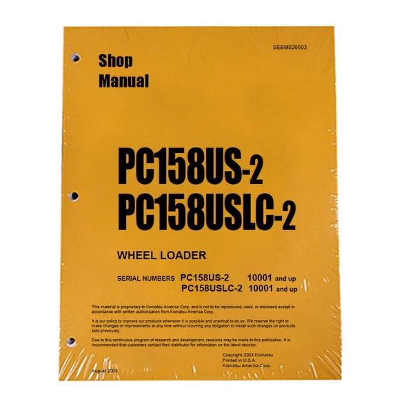 Komatsu PC158US-2, PC158USLC-2 Excavator Workshop Repair  Service Manual - Part Number # SEBM026503