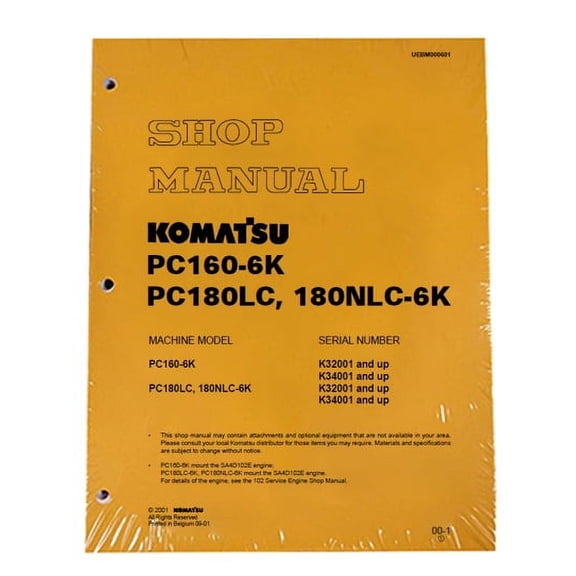Komatsu PC160-6K, PC180LC-6K, PC180NLC-6K Excavator Workshop Repair  Service Manual - Part Number # UEBD000601