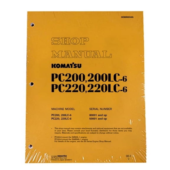 Komatsu PC200/200LC-6/PC220/220LC6 Excavator Workshop Repair  Service Manual - Part Number # SEBM003405