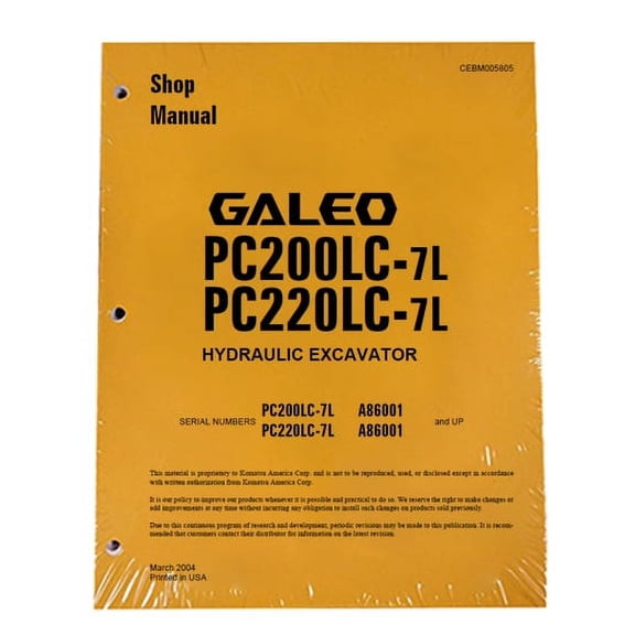 Komatsu PC200LC-7L/PC220LC-7 Excavator Workshop Repair  Service Manual - Part Number # CEBM005805