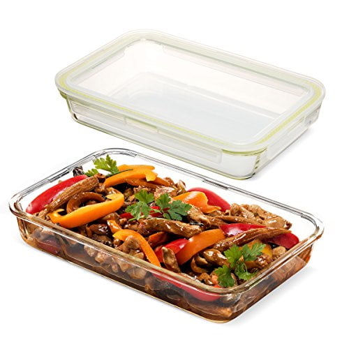 Komax Oven Safe Glass Casserole Baking Dish - Large 12 by 8 inch Food Storage Roasting Lasagna Pan - Airtight Container With Locking Lids - BPA Free - 64oz.