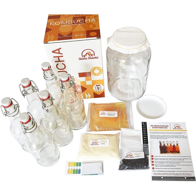 Kombucha Kit With Kombucha SCOBY & Tea, Full Kombucha Kit With Bottles Swing Top Glass Bottles