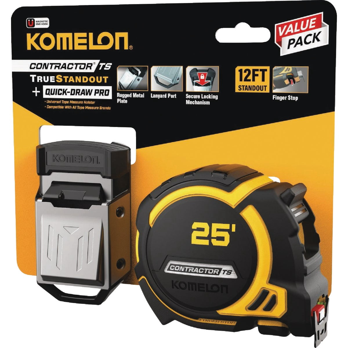 Komelon 25' Wideblade Tape Measure with Universal Belt Holster