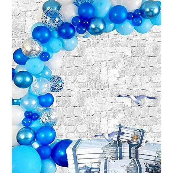 Komiikka White Silver Blue Confetti Balloons Arch Garland Kit (135pcs) for DIY Boy or Sea, Shark Themed Birthday, Baby Shower, Gender Reveal Party, Navy Bridal Bouquet Decorations Prom