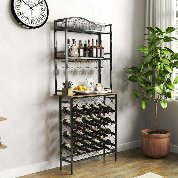 Komiseup 20 Bottles Wine Rack, Liquor Bar Stand with Glasses Holder, 4-Tier Wine Bottle Holder, Wine Bar Cabinet for Kitchen Pantry Living Room