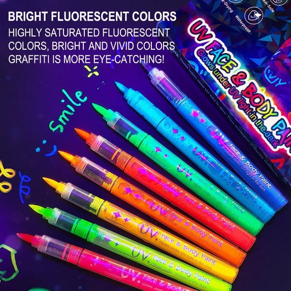 Komiseup 8 Glow In The Dark Body Paint, Face Paint Markers, Uv Neon Face Paint, Face Painting Pens, Washable Tattoo Markers For Skin, Festival Essentials