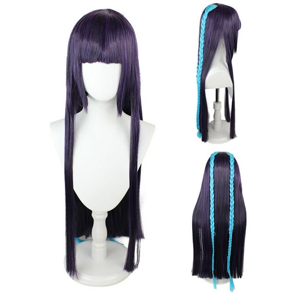 Komiseup 80cm Dark Purple Blue Split Braids Long Hair Cosplay Wig High Temperature Silk With Rose Net