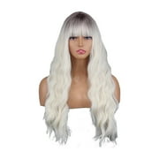 Komiseup Beige Wig With Bangs Long Wavy Curly Ombre Wig with Dark Root Synthetic Heat Resistant Wigs for Women Daily Party Use