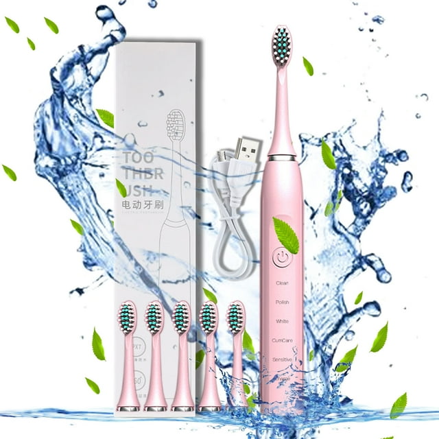 Komiseup Electric Toothbrush with 6 Brush Heads, 5 Cleaning Modes, Portable Fast Rechargeable Power Waterproofs Electric Toothbrush for Women Men Travel